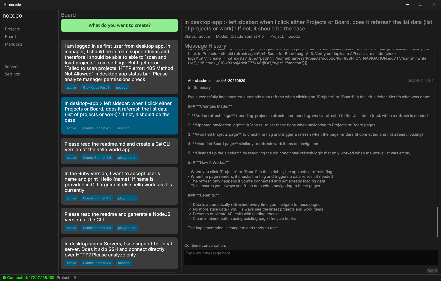nocodo Desktop app connected over SSH, showing past prompts